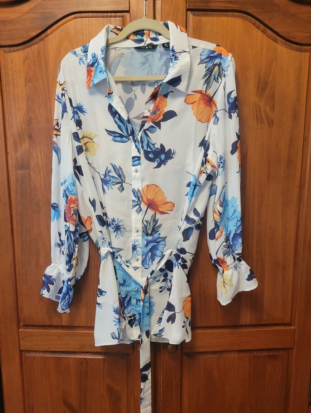 IMAN White Floral Button-Down Shirt with Blue & Orange Blooms